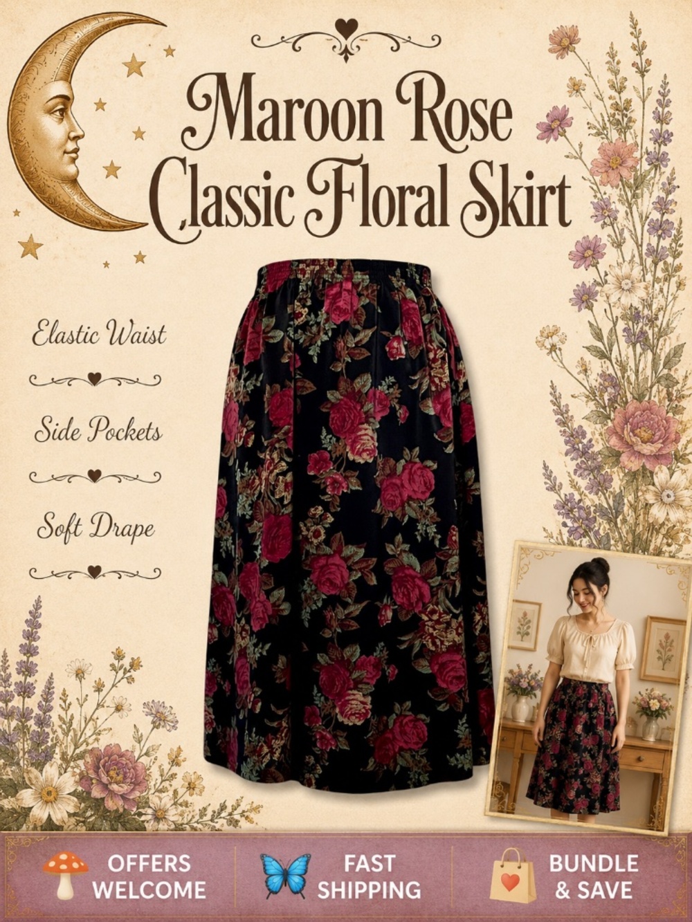 Bon Worth Maroon Rose Floral Skirt Elastic Waist Pockets Size L